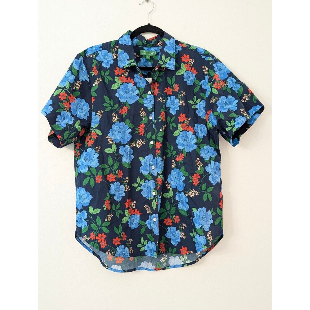J.Crew Cotton Poplin Short Sleeve Button Up Shirt blue peony print NWT - Picture 2 of 7